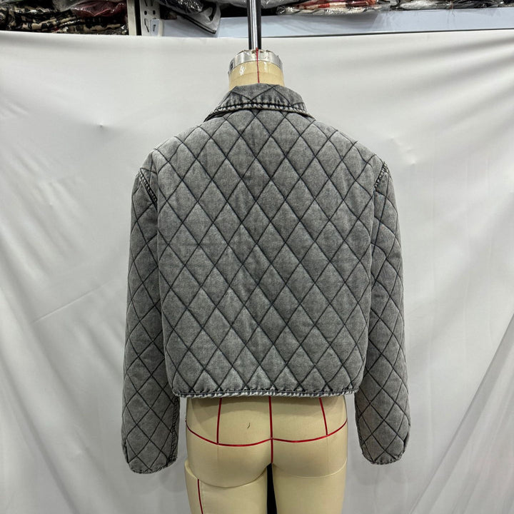 Women nan casual quilted denim look short jacket with diamond pattern and ties Mune Fashion