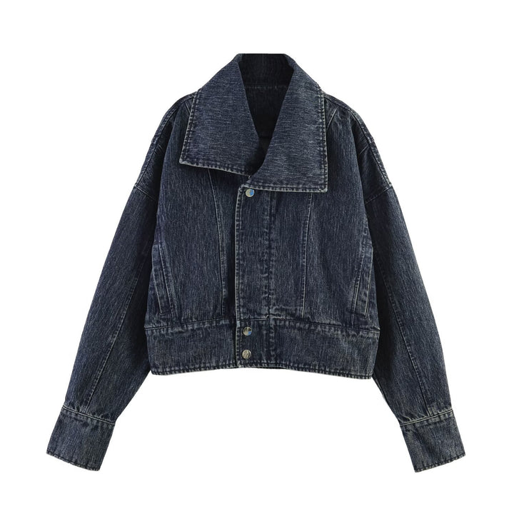 Ladies oversized denim jacket with large shawl collar and used effect Mune Fashion