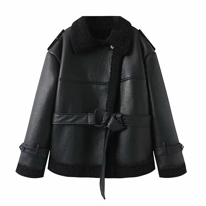 Women's short oversized faux leather coat with teddy collar, shawl collar, and wrap belt Mune Fashion