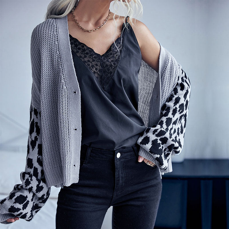 Women Stylish Cardigan with Leopard Sleeves Mune Fashion