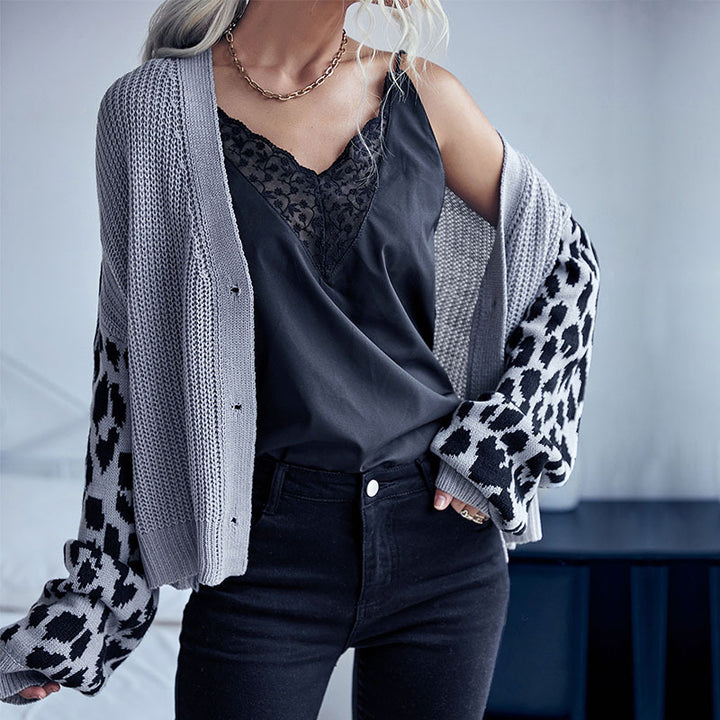 Women Stylish Cardigan with Leopard Sleeves Mune Fashion