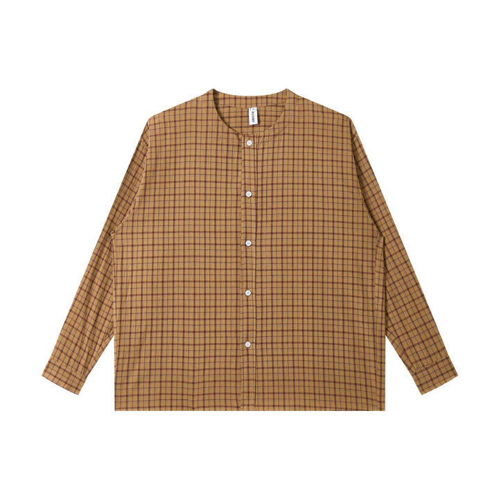 Ladies Oversize Shirt Jacket with Round Collar, Full Button Placket and Checkered Structured Fabric Mune Fashion