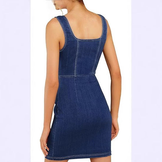 Women's Fitted Denim Dress with Full Button Placket and Square Neckline Mune Fashion