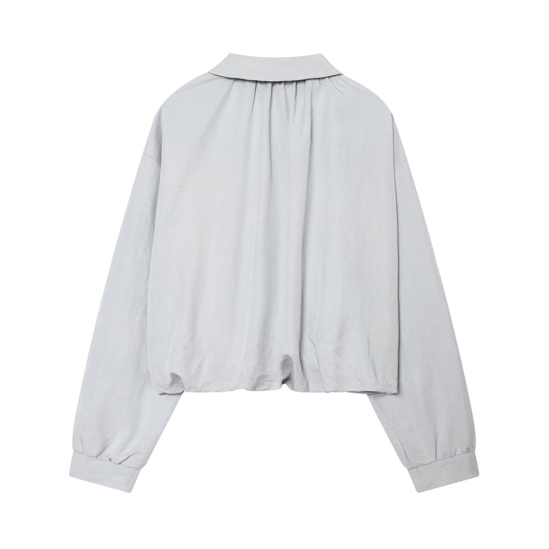 Women Oversized Bomber Jacket with Shirt Collar Zipper and Elastic Hem Mune Fashion