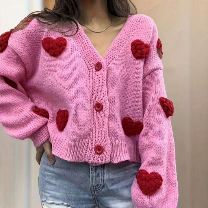 Women's Short-Cut V-Neck Cardigan with Embossed Heart Appliqués and Decorative Buttons Mune Fashion