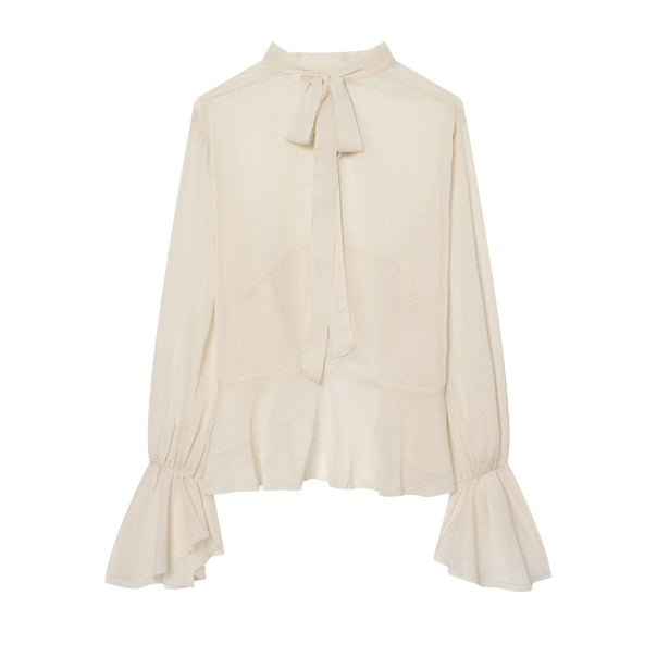 Ladies transparent chiffon blouse with bow collar, ruffle sleeves and peplum Mune Fashion