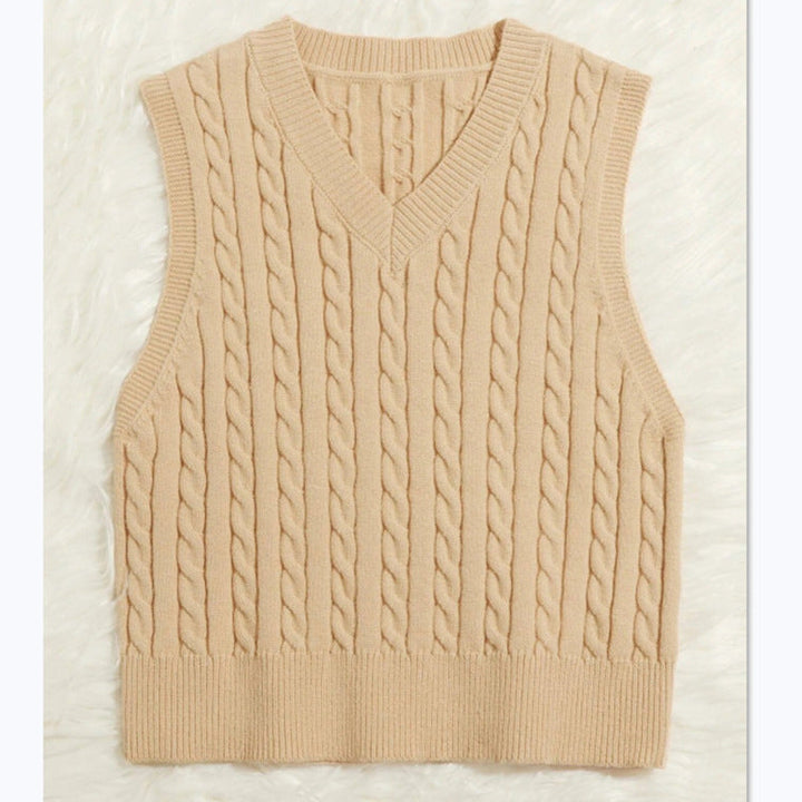 Ladies' Knit Vest with V-Neck and Cable Pattern Mune