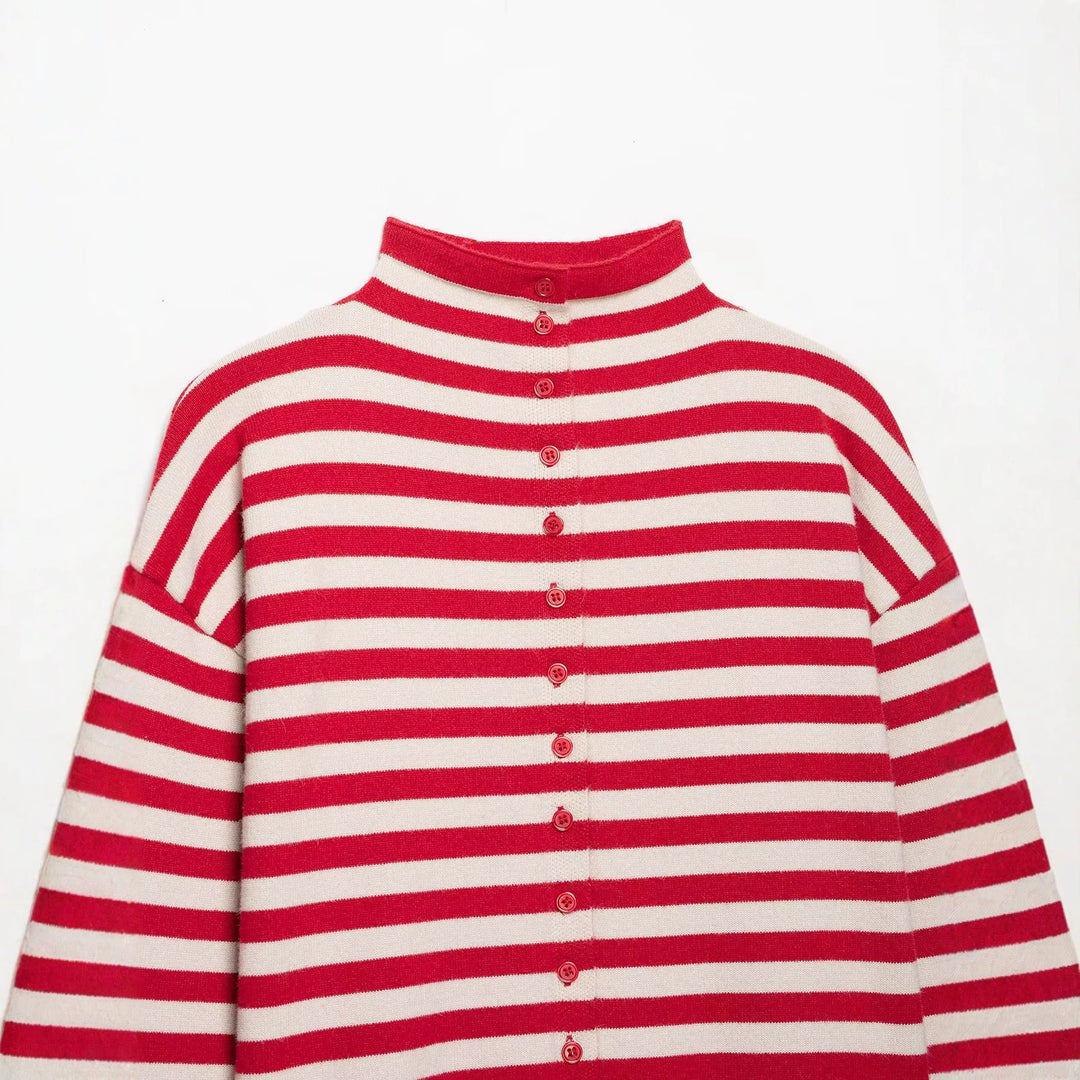 Women Striped Cropped Knitted Cardigan with Stand-up Collar Mune Fashion
