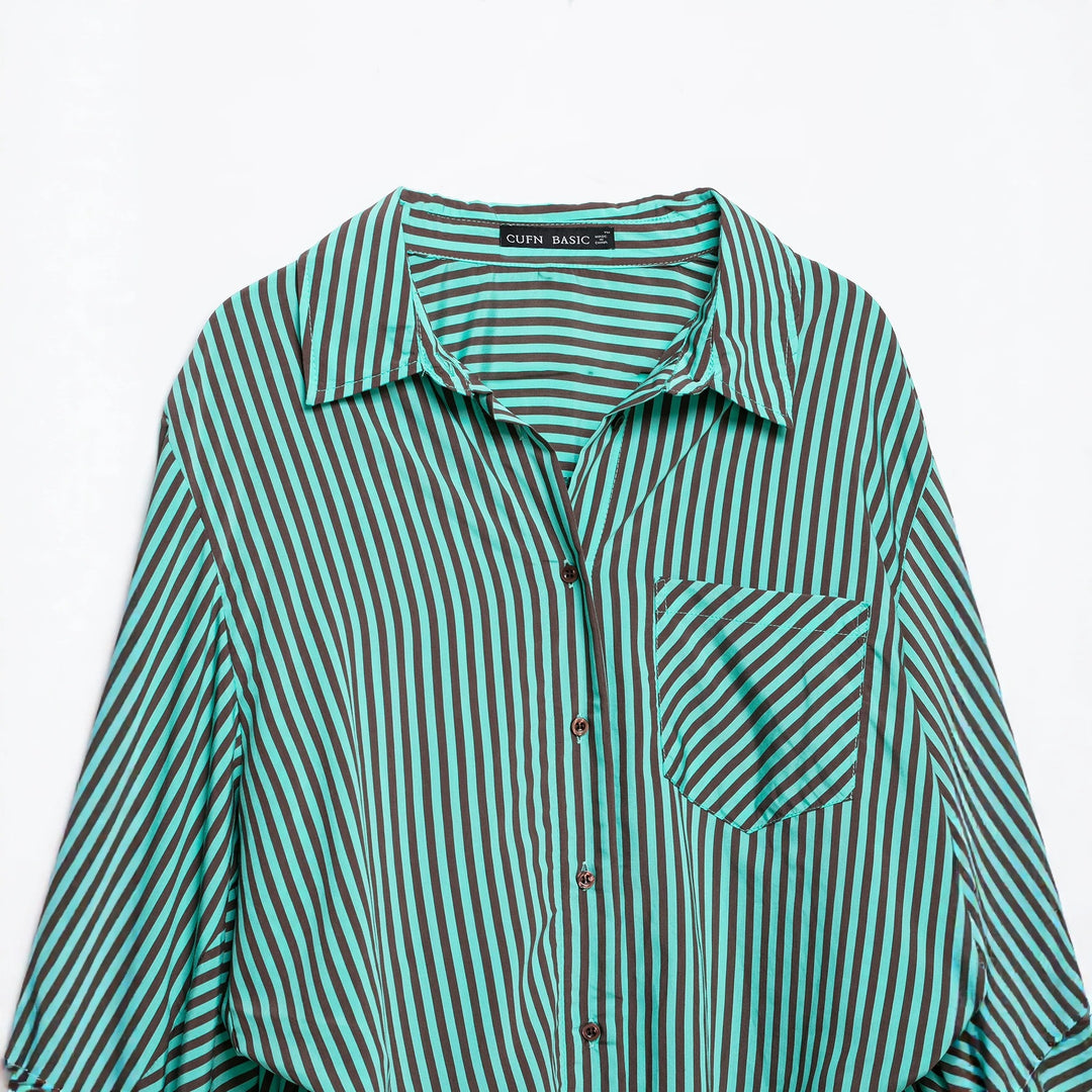 Women's Striped Oversized Shirt Blouse with Chest Pocket and Wide Cuffs Mune Fashion