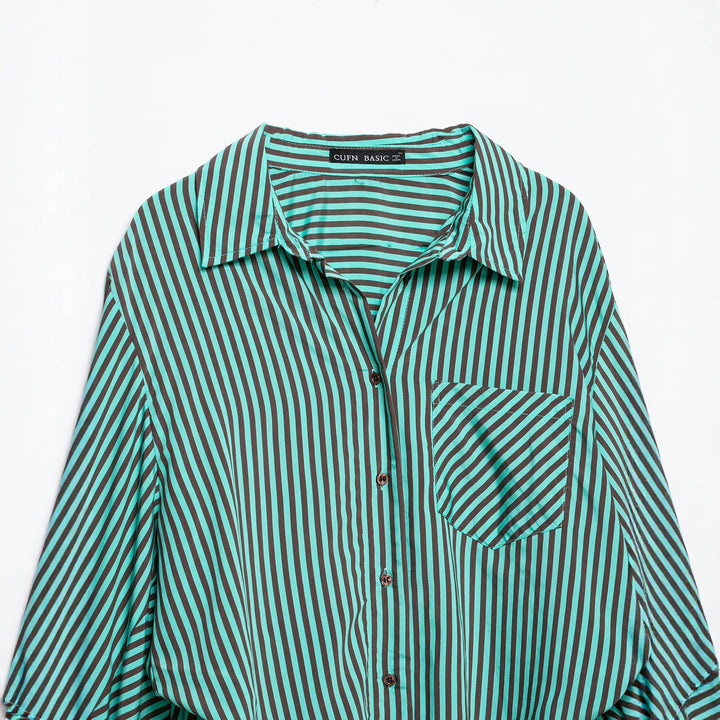 Women's Striped Oversized Shirt Blouse with Chest Pocket and Wide Cuffs Mune Fashion