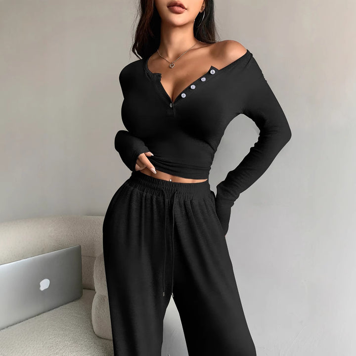 Women Casual Ribbed Knit Lounge Set with Off-Shoulder Henley Top and Wide Jog Pants Mune Fashion