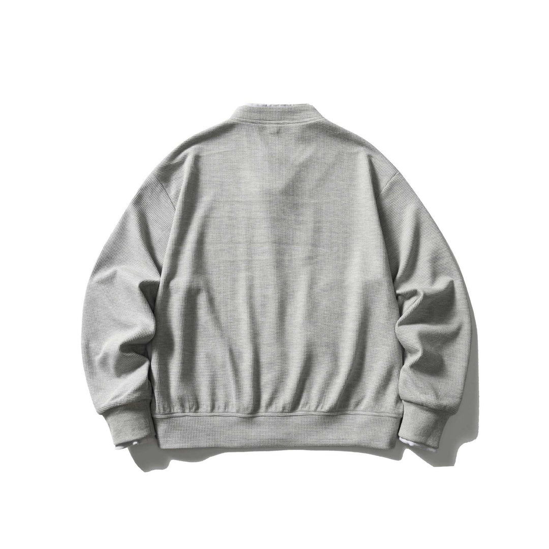 Unisex Short Cut Boxy Blouson Jacket with Waffle Structure, Stand-Up Collar and Contrast Piping Mune Fashion