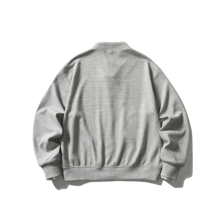 Unisex Short Cut Boxy Blouson Jacket with Waffle Structure, Stand-Up Collar and Contrast Piping Mune Fashion