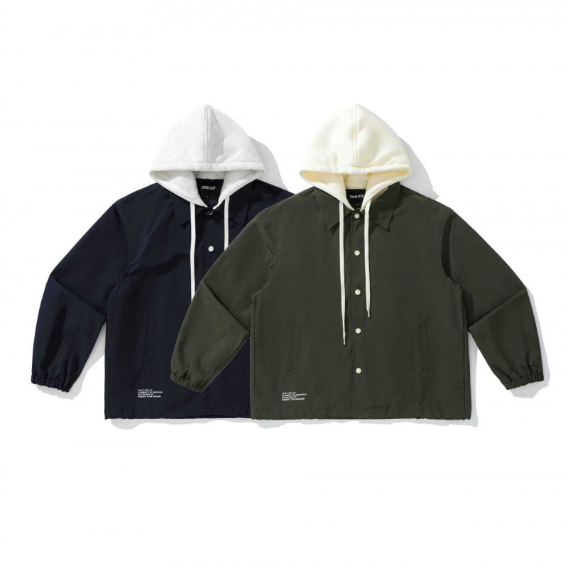 Unisex Two-Layer Overshirt Jacket with Attached Fleece Hood and Snap Button Placket Mune Fashion