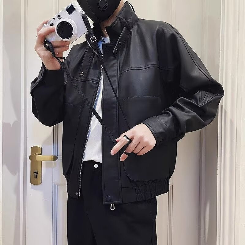 Men's biker-inspired faux leather bomber jacket with stand-up collar and elastic hem Mune Fashion