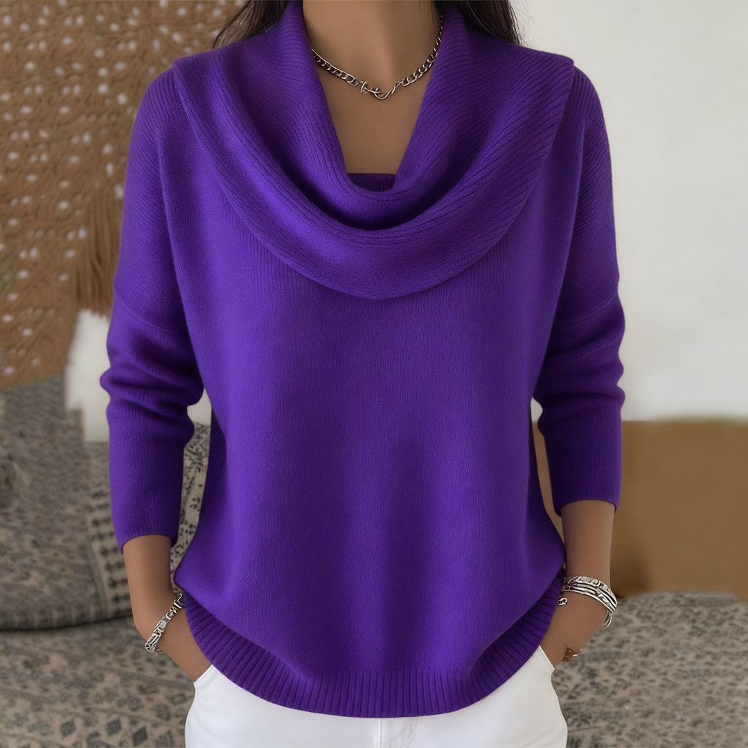 Women's shimmering knit sweater with waterfall collar, fine glitter structure and slim hem Mune Fashion