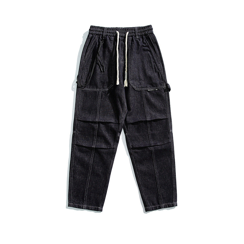 Men's Relaxed Denim Cargo Pants with Elastic Waistband and Reinforced Knee Panels Mune Fashion