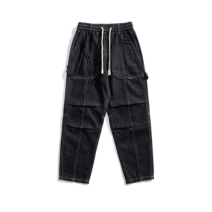 Men's Relaxed Denim Cargo Pants with Elastic Waistband and Reinforced Knee Panels Mune Fashion