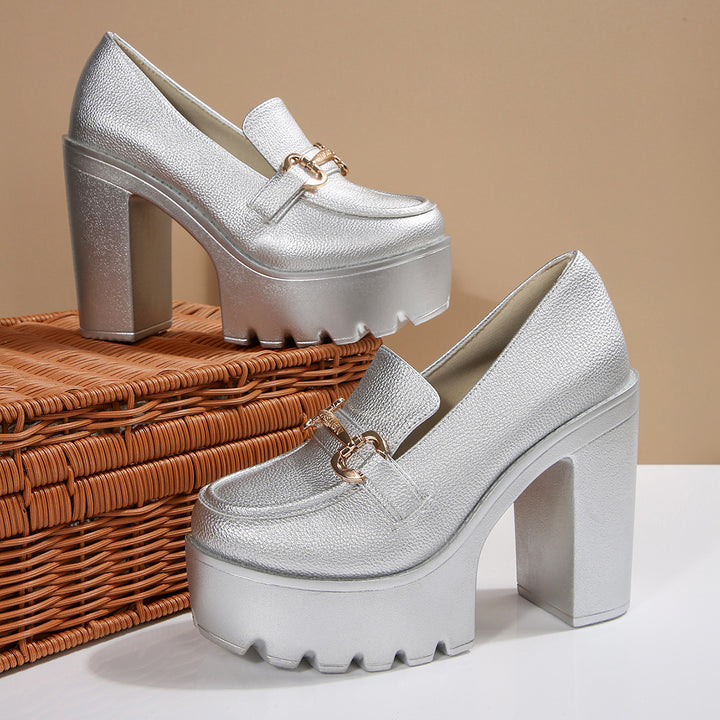 Women's Chunky Platform Loafer with High Block Heel and Decorative Bit Mune Fashion