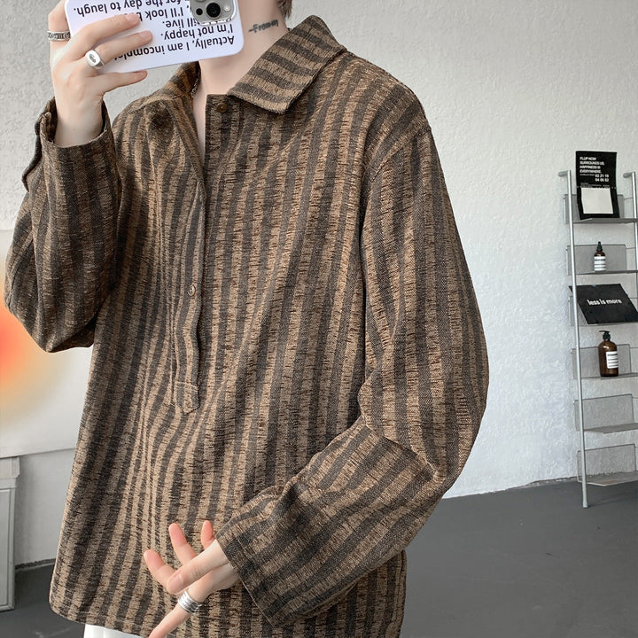 Men's Oversize Long Sleeve Shirt with Polo Collar, Striped Texture & Half Button Placket Mune Fashion