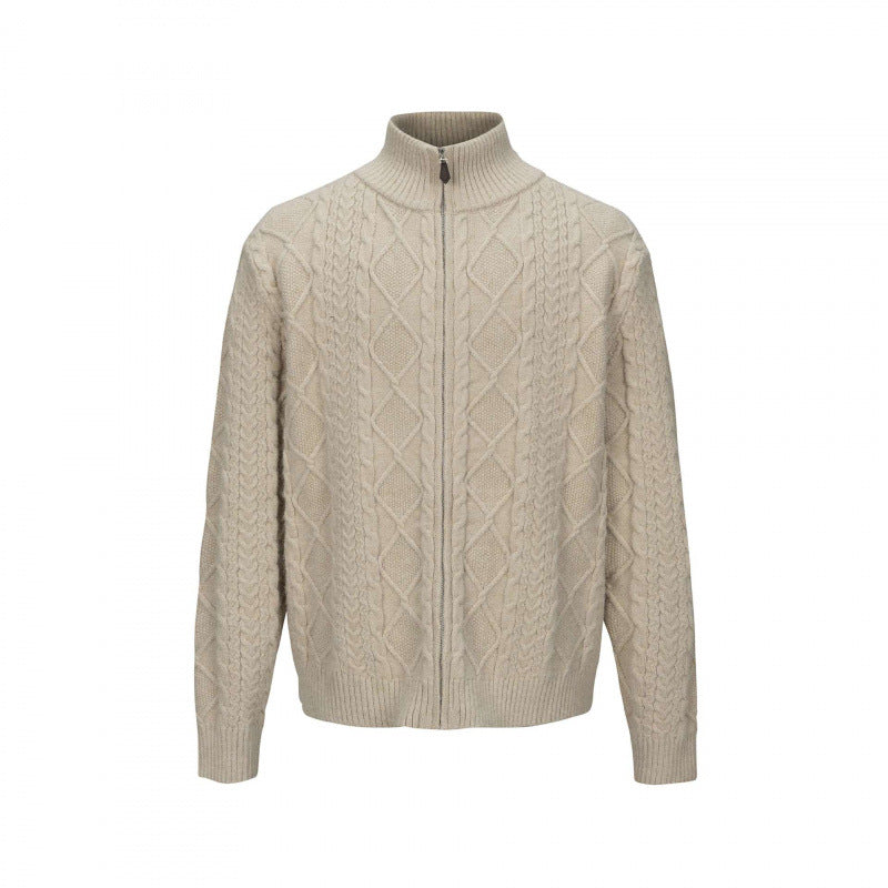 Men's Cable Knit Cardigan with Full Zip and High Ribbed Collar Mune Fashion