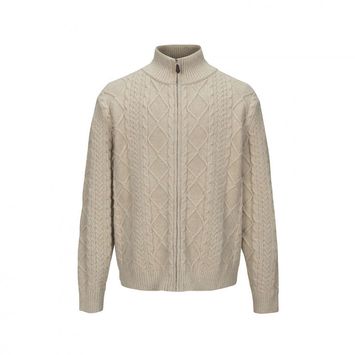 Men's Cable Knit Cardigan with Full Zip and High Ribbed Collar Mune Fashion