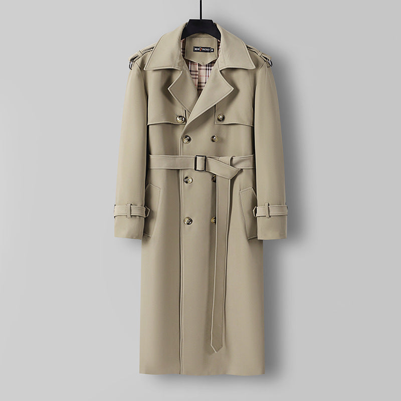 Women Elegant long cut wool blend trench coat with double-breasted button placket and belt Mune Fashion