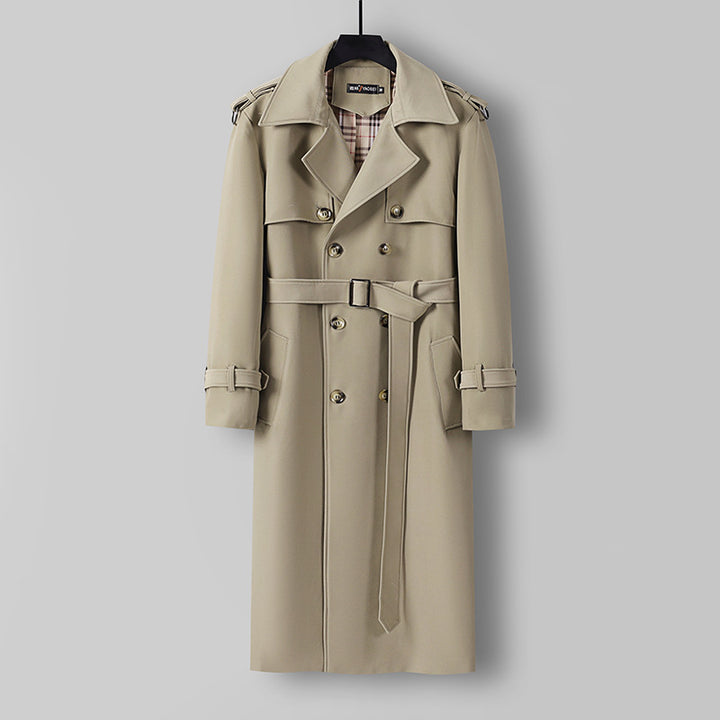Women Elegant long cut wool blend trench coat with double-breasted button placket and belt Mune Fashion