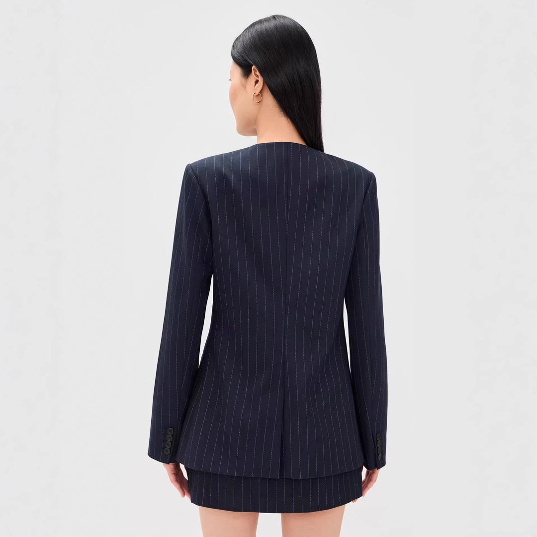 Women Two-Piece Pinstripe Tailoring Set with Collarless Blazer and High-Cut Mini Skirt Mune Fashion