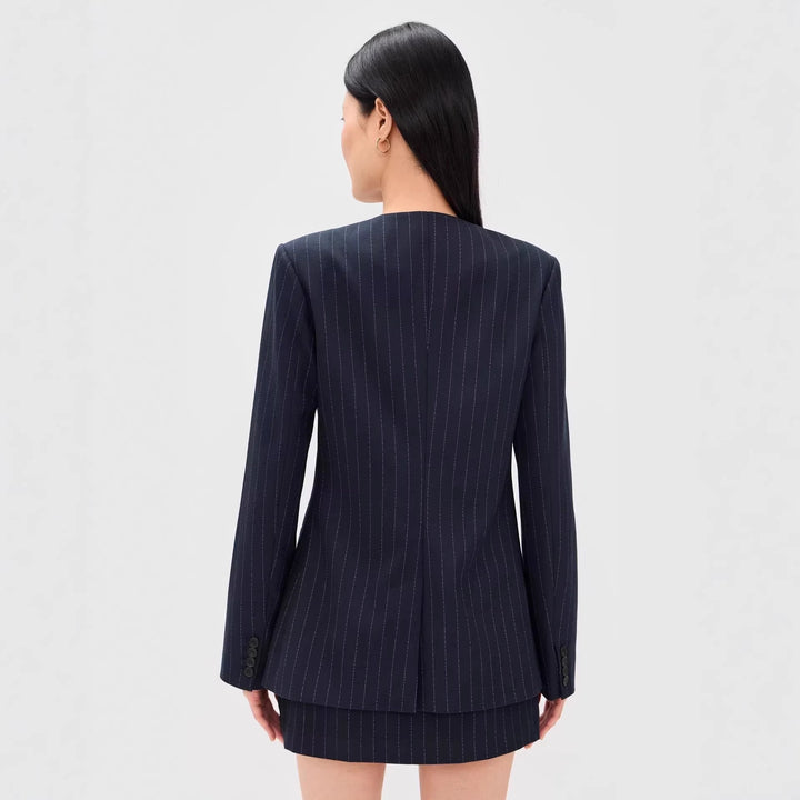 Women Two-Piece Pinstripe Tailoring Set with Collarless Blazer and High-Cut Mini Skirt Mune Fashion