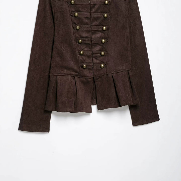 Ladies tailored jacket in musketeer style made of suede look with decorative button placket and shoulder straps Mune Fashion