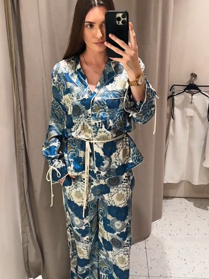 Women Two-Piece Floral Jacquard Loungewear Set with Waist Belt, Piping and Tied Sleeves Mune Fashion