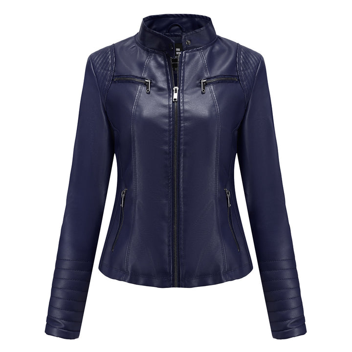 Women's fitted biker jacket made of faux leather with stand-up collar and quilted sleeve section Mune Fashion