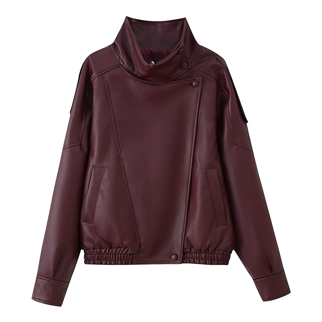 Women's Short Cut Faux Leather Bomber Jacket with High Stand Collar, Asymmetric Snap Button Placket and Elastic Hem Mune Fashion