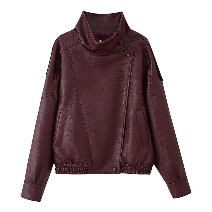 Women's Short Cut Faux Leather Bomber Jacket with High Stand Collar, Asymmetric Snap Button Placket and Elastic Hem Mune Fashion