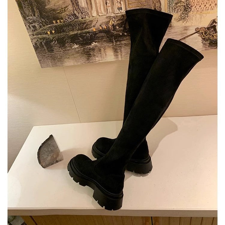 Women's Mid-Calf Suede Boots with Distinctive Lug Profile Sole and Elastic Slip Shaft Mune Fashion
