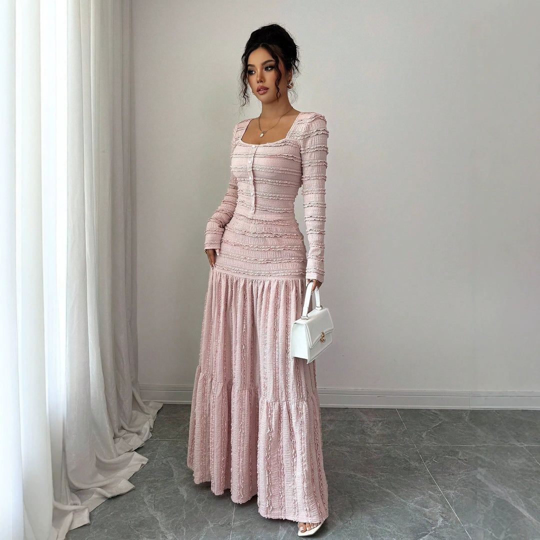 Women's Figure-Hugging Ruffle Maxi Dress with Square Neckline and Button Placket Mune Fashion