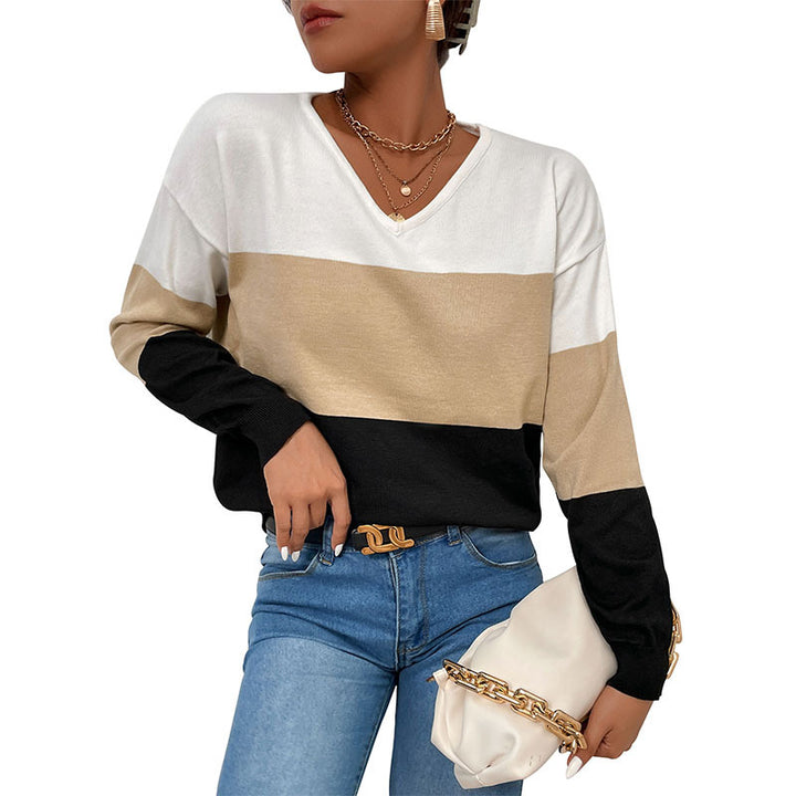 Women Elegant V-Neck Fine Knit Sweater with Wide Block Stripes Mune Fashion