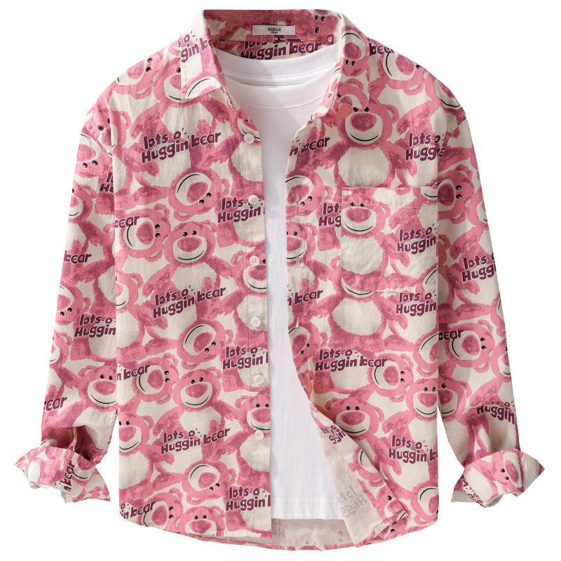 Men's Casual Loose-Fit Shirt with Full Button Placket, Chest Pocket, and Playful Allover Bear Print Mune Fashion
