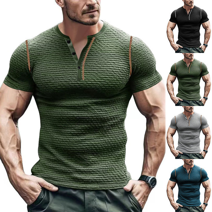 Men's structured short-sleeve henley with three-dimensional relief structure, reinforced button placket, and contrast piping Mune Fashion