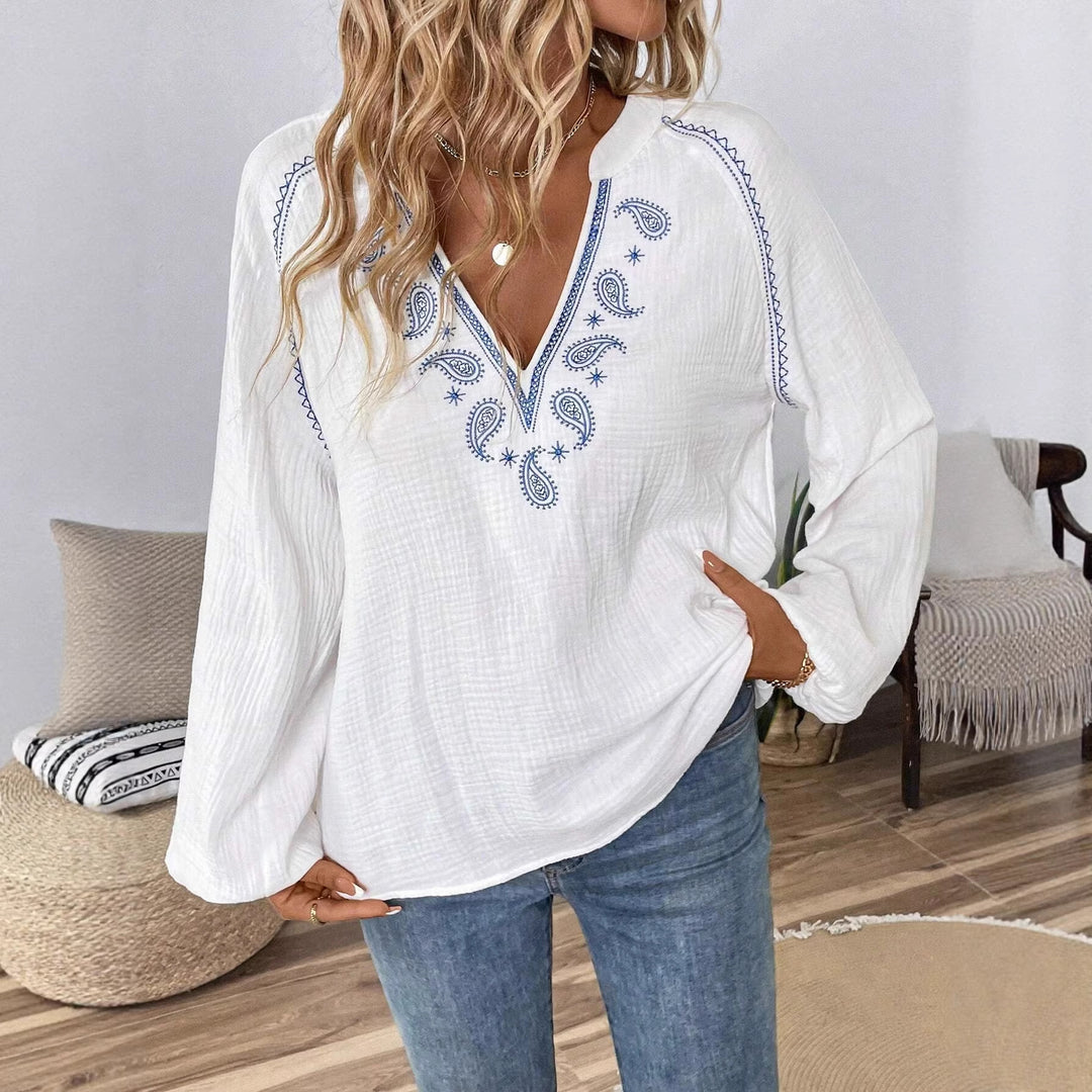 Women's Lightweight Cotton Tunic with Embroidery, V-Neck and Gathered Balloon Sleeves Mune Fashion