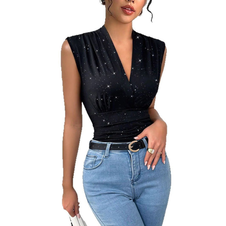 Women's sleeveless wrap top with deep V-neck, tailored draping and sparkling star print Mune Fashion