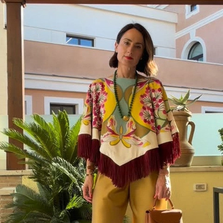 Ladies Silk Print Poncho with Retro Floral Pattern and Long Fringes Mune Fashion