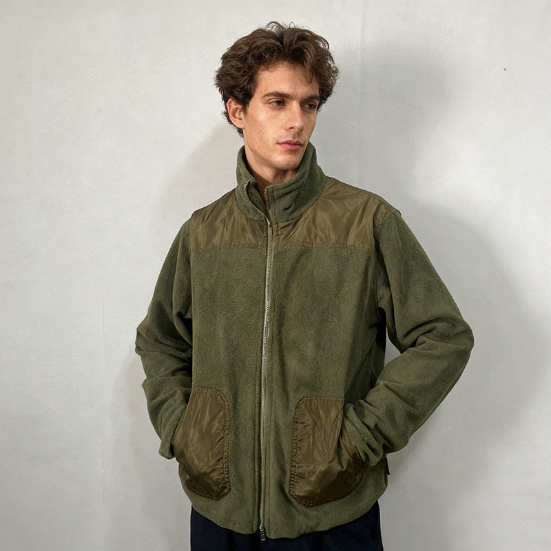 Men's fleece jacket with stand-up collar, two-material panel and zipper Mune Fashion