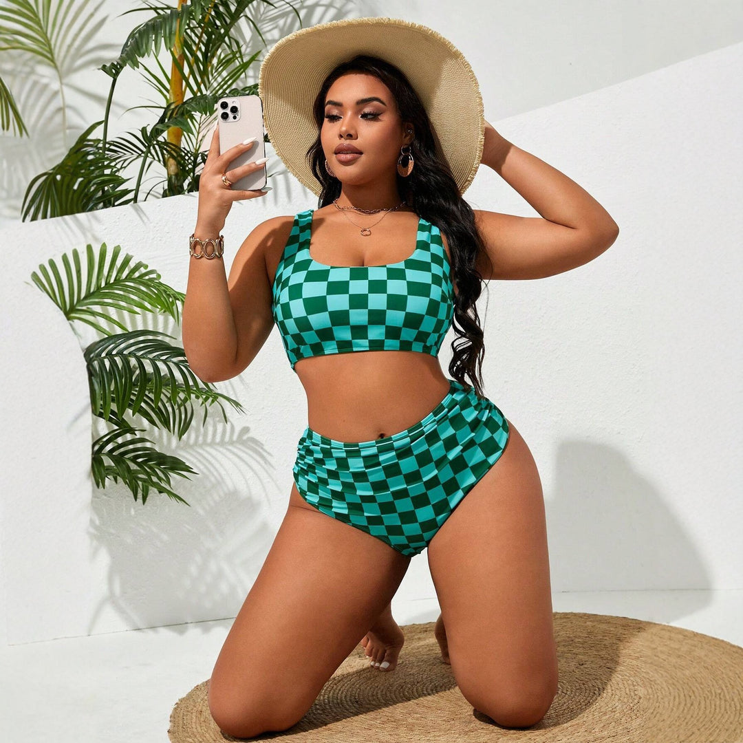 Women's High-Waisted Bikini Set with Checkered Design Mune Fashion
