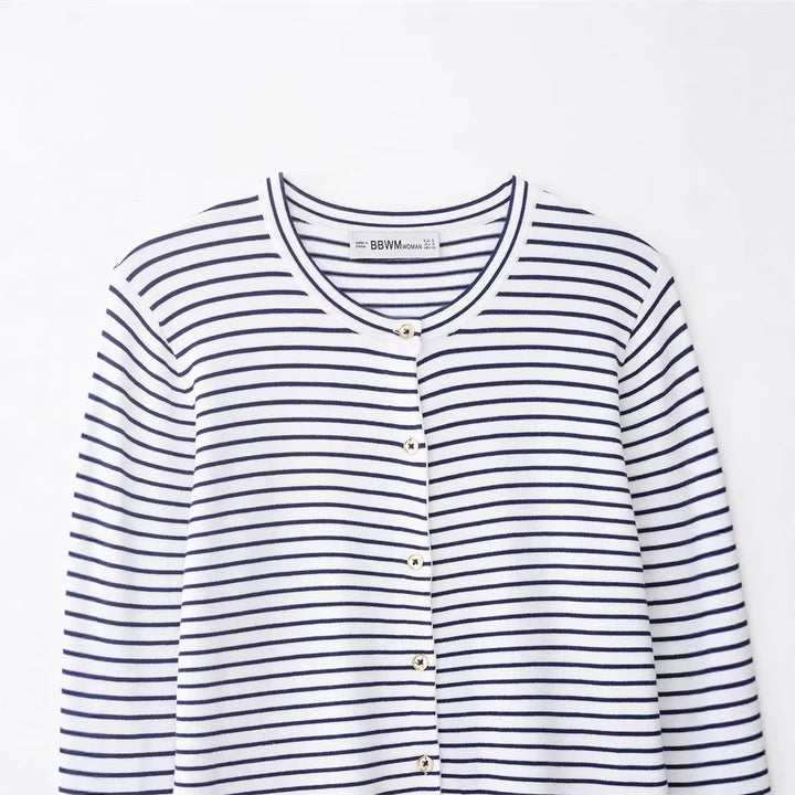 Women's fine knit cardigan with nautical striped pattern, round neckline and mother-of-pearl button placket Mune Fashion