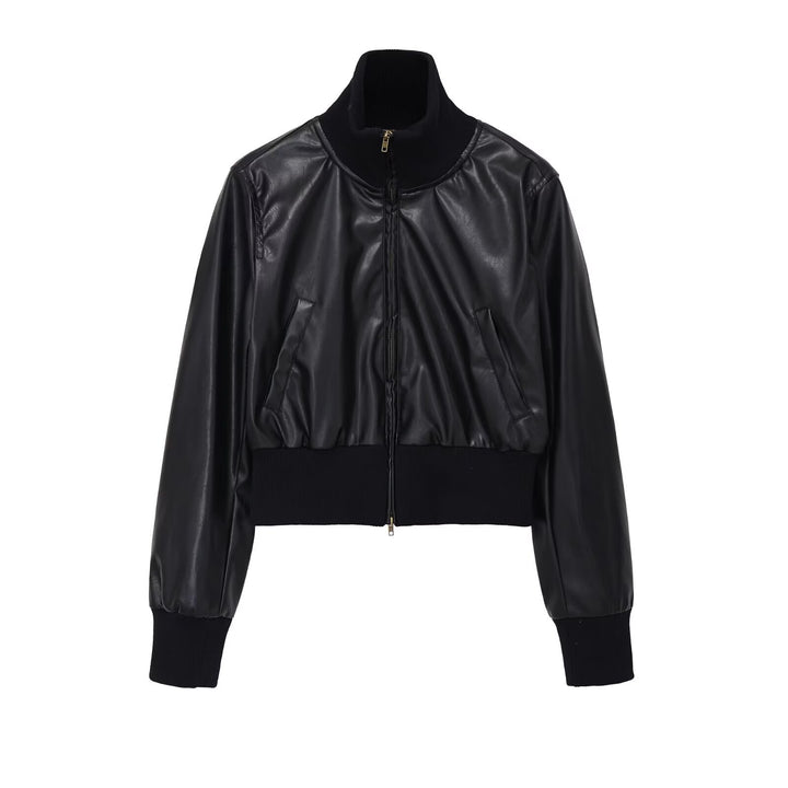 Women's short jacket in leather look with high structured collar and fitted ribbed waistband Mune Fashion