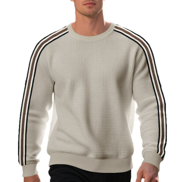 Men's waffle knit sweater with contrasting sleeve stripes and round neckline Mune Fashion