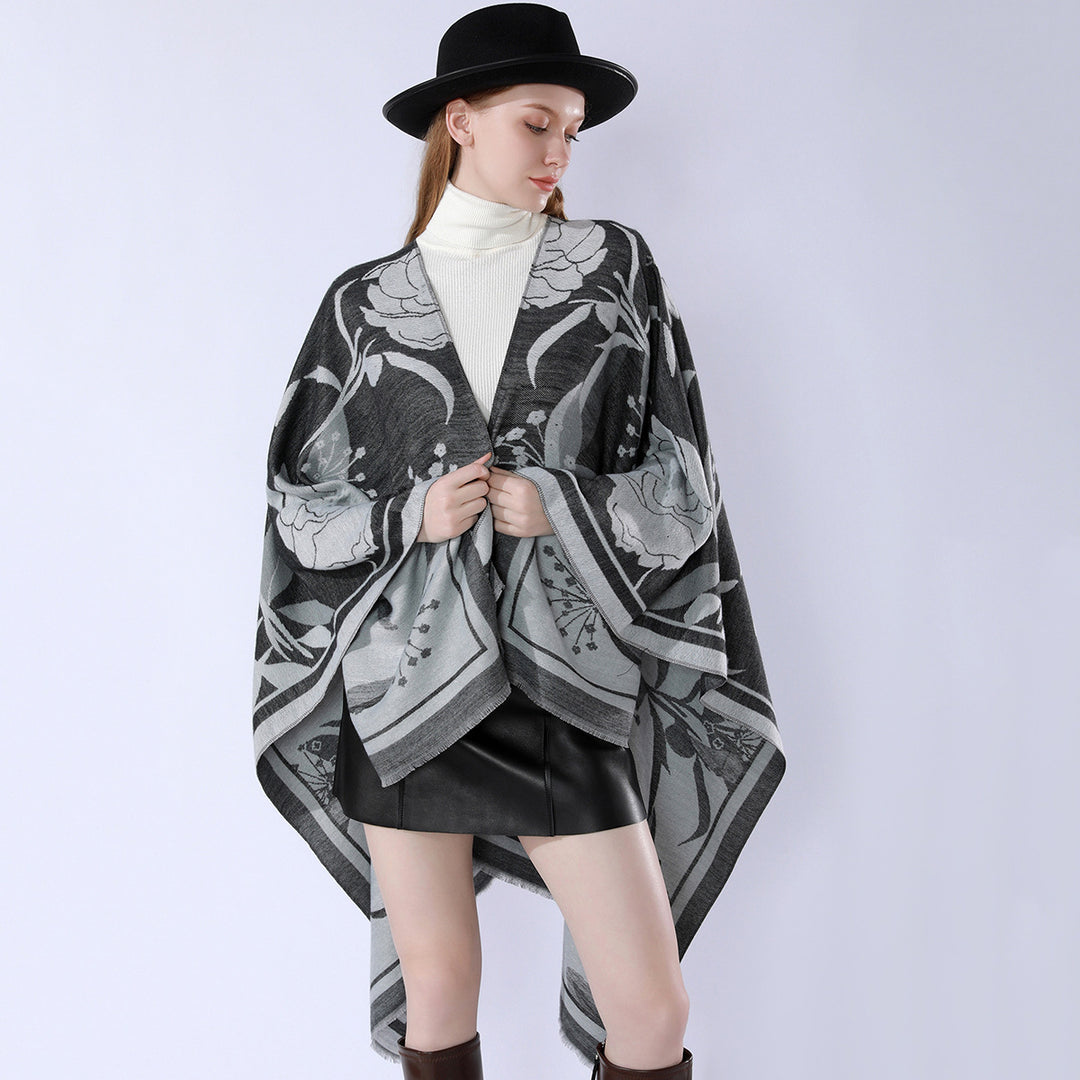 Women's floral jacquard overlay in a boxy kimono silhouette with fine fringe edge Mune Fashion