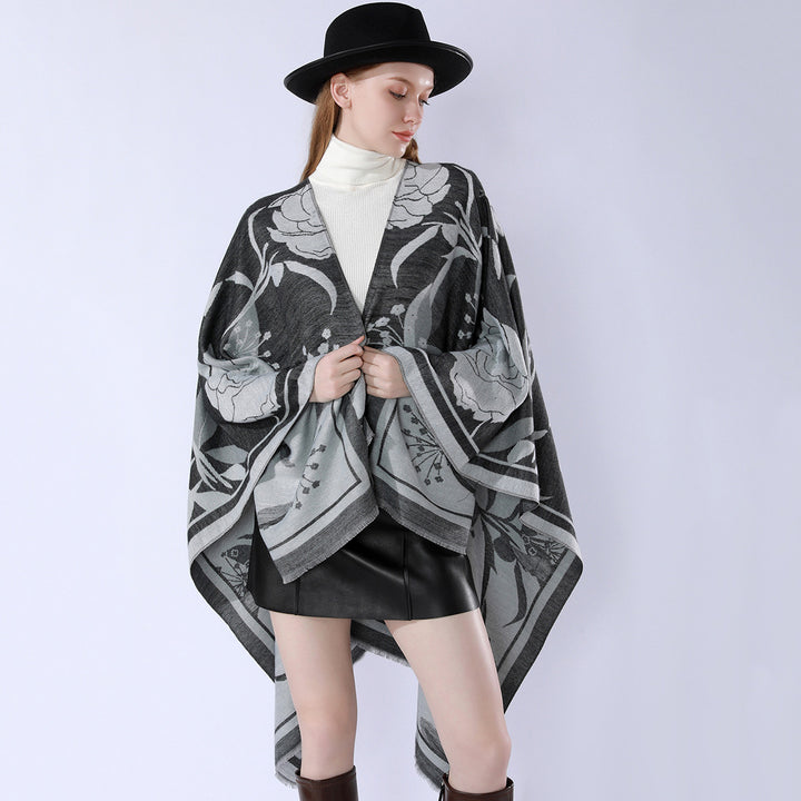 Women's floral jacquard overlay in a boxy kimono silhouette with fine fringe edge Mune Fashion